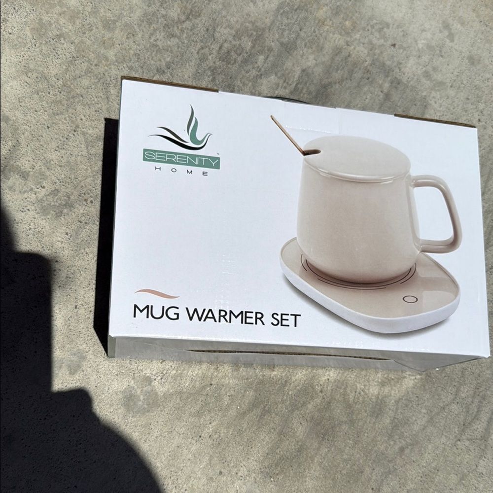 Serenity Coffee Warmer Mug & Base 14.2 Oz Ceramic Cup Stainless Steel Spoon New